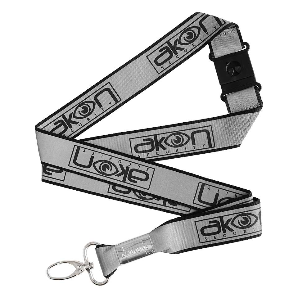 Akon Security custom reflective lanyard by Aspinline