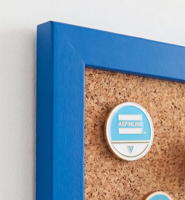 Aspinline pin badge displayed on a blue-framed cork board